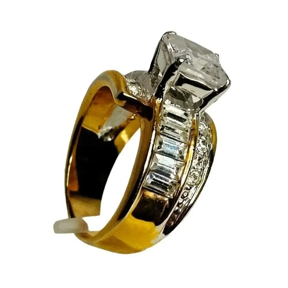 Gold Plated Ring Size 8 Baguette‎ Princess Cut Cubic Zirconia Stones Vtg Jewelry